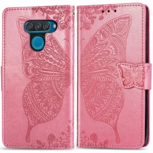 Vlinder liefde bloemen reliëf horizontale Flip lederen case voor LG q60  met houder & card slots & portemonnee & Lanyard (roze)