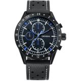 CAGARNY 6828 Fashionable Multifunctional Quartz Sport Wrist Watch with Leather Band & GMT Time & Calendar & Luminous Display for Men(Black Window Blue Needle)