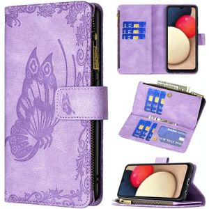 For Samsung Galaxy A02s Flying Butterfly Embossing Pattern Zipper Horizontal Flip Leather Case with Holder & Card Slots & Wallet(Purple)
