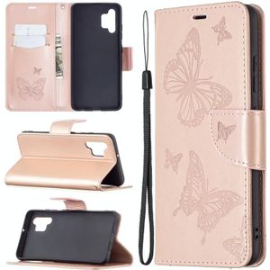 Voor Samsung Galaxy A32 4G twee vlinders embossing patroon horizontale flip lederen geval met houder & kaartsleuf & portemonnee & lanyard (rose goud)