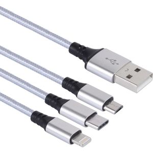 2A 1.2m 3 in 1 USB to 8 Pin & USB-C / Type-C & Micro USB Nylon Weave Charging Cable  For iPhone / iPad / Galaxy / Huawei / Xiaomi / LG / HTC / Meizu and Other Smart Phones(Silver)
