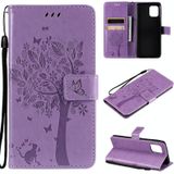 For OPPO Find X3 / X3 Pro Tree & Cat Pattern Pressed Printing Horizontal Flip PU Leather Case with Holder & Card Slots & Wallet & Lanyard(Light Purple)