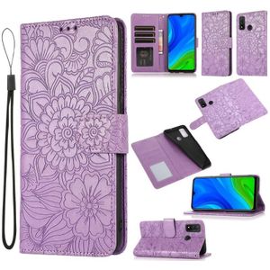 For Huawei P smart 2020 Skin Feel Embossed Sunflower Horizontal Flip Leather Case with Holder & Card Slots & Wallet & Lanyard(Purple)