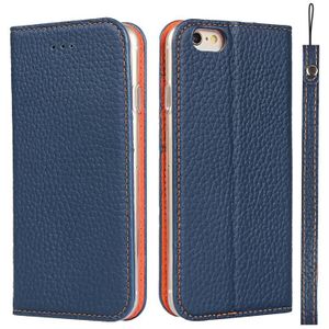 Litchi Texture Horizontal Flip Top Layer Cowhide Leather Case with Holder & Card Slots & Wallet & Strap & Wire Winder For iPhone 6 Plus & 6s Plus(Dark Blue)