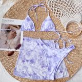 3 in 1 Lace-up Halter Backless Bikini Ladies Tie-Dye Split Swimsuit Set with Mesh Short Skirt (Color:Purple Size:L)