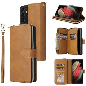 For Samsung Galaxy S21 Ultra Zipper Wallet Bag Horizontal Flip PU Leather Case with Holder & 9 Card Slots & Wallet & Lanyard & Photo Frame(Brown)