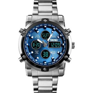 SKMEI 1389 Multifunctional Men Business Digital Watch 30m Waterproof Large Dial Wrist Watch with Stainless Steel Watchband (Blue)