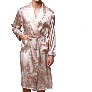 Men's Long Paragraph Silk Pajamas (Color:Camel Size:XXXL)