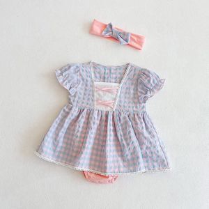 Girls Small Plaid Lace One-piece Romper And Skirt Romper (Color:Pink Blue Size:100)