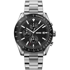 SKMEI 9253 Men Stopwatch Date Six Pin Stainless Steel Strap Quartz Watch(Silver Black)