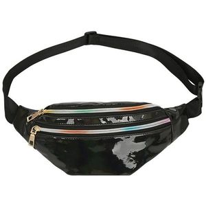 Women Punk Laser Glossy PU Double Zipper Chest Bag Casual Waist Bag(Black )