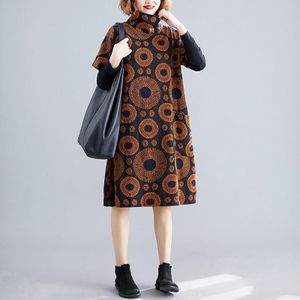 Large Size Fat Sister Loose And Thin Mid-length Print High Neck Dress (Color:Coffee Size:Free Size)