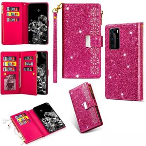 For Huawei P40 / P40 Pro Multi-card Slots Starry Sky Laser Carving Glitter Zipper Horizontal Flip Leather Case with Holder & Wallet & Lanyard(Rose Red)