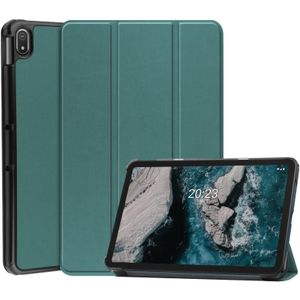 Voor Nokia T20 Drie-vouwende houder Custer Texture Lederen Tablet Case (Dark Green)