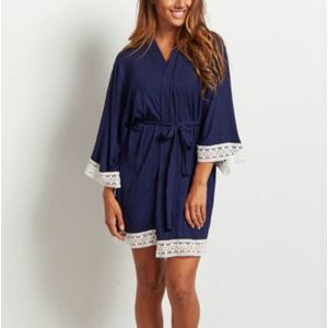 Solid Color Maternity Dress Lace Stitching Three-point Sleeves with Cardigan Breastfeeding Robes Pajamas  Size:S(Navy Blue)