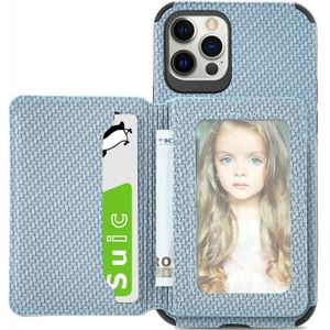 Carbon Fiber Magnetic Card Bag TPU+PU Shockproof Back Cover Case with Holder & Card Slot & Photo Frame For iPhone 12 mini(Blue)