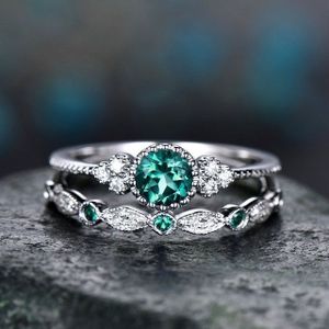 2 PCS/Set Women Fashion Zircon Gemstone Ring 6(Green)