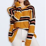 Women Knitwear Turtleneck Sweater  Size: L(Yellow Black Stripes)