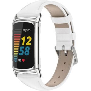 Voor FitBit Charge5 Mijobs echte lederen slanke horlogeband (wit+zilver)