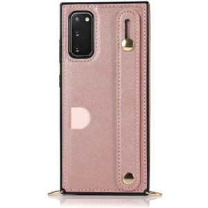 For Samsung Galaxy S20 Plus Wrist Strap PU+TPU Shockproof Protective Case with Crossbody Lanyard & Holder & Card Slot(Rose Gold)