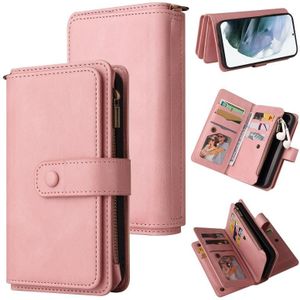 Voor Samsung Galaxy S21 + 5G Huid Feel PU + TPU Horizontale Flip Lederen Case met Houder & 15 Kaarten Slot & Portemonnee & Rits Pocket & Lanyard (Pink)