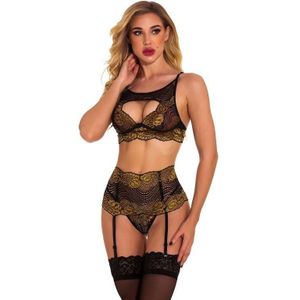 Wome two-tone lace mesh sexy close body lingerie  grootte: XL (goud)