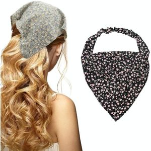 5 PCS Floral Elastic Band Turban Women Thin Floral Cloth Headscarf  Triangle Scarf(Small Floral  Black)