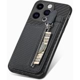 Voor iPhone 15 Pro Koolstofvezel verticale flip-rits telefoonhoesje