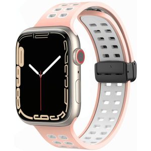 Magnetische vouwsluiting vierkante gaten siliconen horlogeband voor Apple Watch Series 8 & 7 41 mm / SE 2 & 6 & SE & 5 & 4 40 mm / 3 & 2 & 1 38 mm (roze wit)