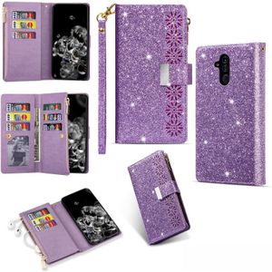 For Huawei Mate 20 lite Multi-card Slots Starry Sky Laser Carving Glitter Zipper Horizontal Flip Leather Case with Holder & Wallet & Lanyard(Purple)
