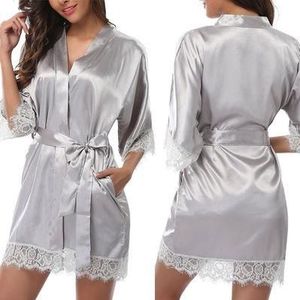 Half Sleeve Robe Women Faux Silk Pajama Sexy Night Dress  Size:M(Gray)