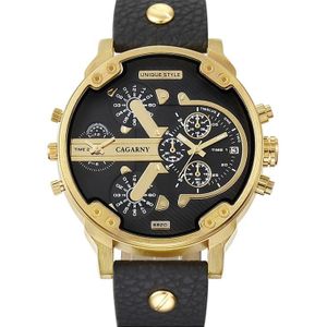 Cagarny 6820 Round Large Dial Leather Band Quartz Dual Movement Watch for Men (Gold Black Surface Black Band)