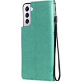 For Samsung Galaxy S21+ 5G Tree & Cat Pattern Pressed Printing Horizontal Flip PU Leather Case with Holder & Card Slots & Wallet & Lanyard(Green)