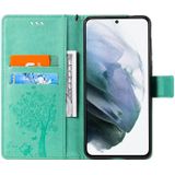 For Samsung Galaxy S21+ 5G Tree & Cat Pattern Pressed Printing Horizontal Flip PU Leather Case with Holder & Card Slots & Wallet & Lanyard(Green)