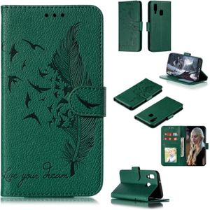 Feather Pattern Litchi Texture Horizontal Flip Leather Case with Wallet & Holder & Card Slots For Galaxy A40(Green)