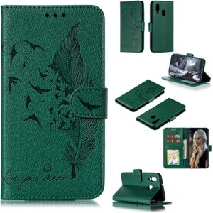 Feather patroon Litchi textuur horizontale Flip lederen draagtas met portemonnee & houder & kaartsleuven voor Galaxy A40 (groen)