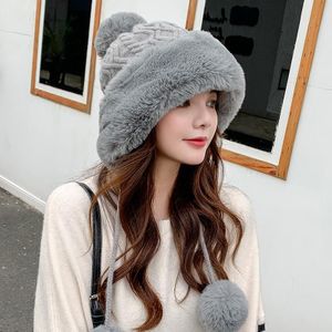 Autumn and Winter Ladies Cotton and Cashmere Skullcap Three Fur Balls Cute Plus Velvet Thickening  Pure Color Knitted Hat  Size: Free Size(Gray)