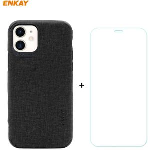 For iPhone 11 ENKAY ENK-PC0312 2 in 1 Business Series Denim Texture PU Leather + TPU Soft Slim Case Cover ? 0.26mm 9H 2.5D Tempered Glass Film(Black)
