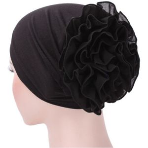 Solid Color Chiffon Big Cap Flower Pullover Turban Hat  Size:One Size(Black)