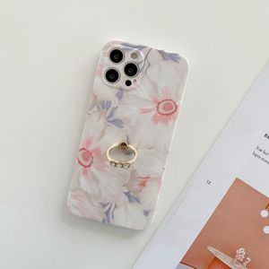 For iPhone 12 Pro Max Frosted Flowers Pattern IMD TPU Case with Metal Diamond Ring Holder(Pink)