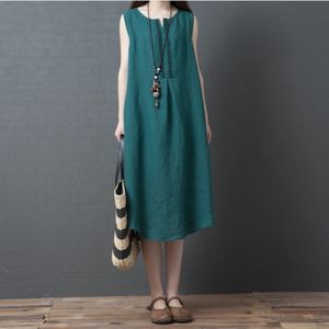 Summer Ramie Loose Sleeveless Dress for Ladies (Color:Green Size:XXL)