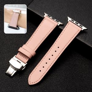 Butterfly Clasp Business Top Layer koeienhuid lederen band horlogeband voor Apple Watch Series 7 45mm / 6 & SE & 5 & 4 44mm / 3 & 2 & 1 42mm (Pink)