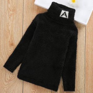 Letter Pattern Imitation Mink Velvet Children Turtleneck Knitted Sweater (Color:Black Size:130cm)