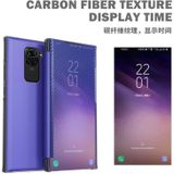 For Xiaomi Redmi Note 9 Carbon Fiber Texture View Time Horizontal Flip Leather Case with Holder & Touch Call Display ID(Blue)