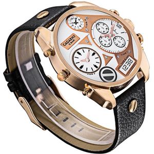 CAGARNY 6822 Fashionable Concise Style Large Dial Dual Clock Rose Gold Case Quartz Movement Wrist Watch with Leather Band & GMT Time & Calendar Functions for Men(White Window)