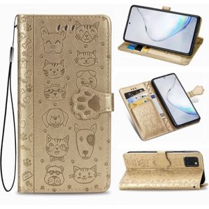 Voor Galaxy Note 10 Lite/A81 Cute Cat en Dog Embossed Horizontale Flip Lederen Case met beugel / kaartsleuf / Portemonnee / Lanyard(Goud)