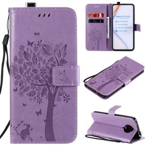 Voor Xiaomi Redmi K30 Pro Tree & Cat Relif Patroon Horizontaal Flip Lederen Hoesje met Holder & Card Slots & Wallet & Lanyard(Lichtpaars)