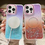 Voor iPhone 15 Meerkleurige gradint glitter pailletten MagSafe TPU telefoonhoesje (roze + geel)