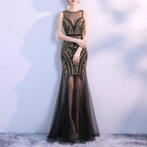 Pailletten Beading Avondjurken Mermaid Long Formal Prom Party Dress  Size:M (Black Gold)