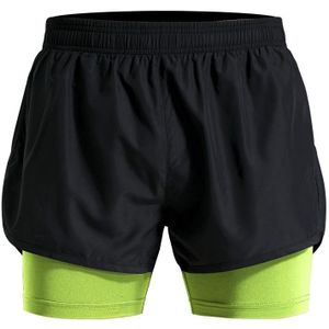 Men Fake Two-piece Sports Stretch Shorts (Color:Black Green Size:XL)